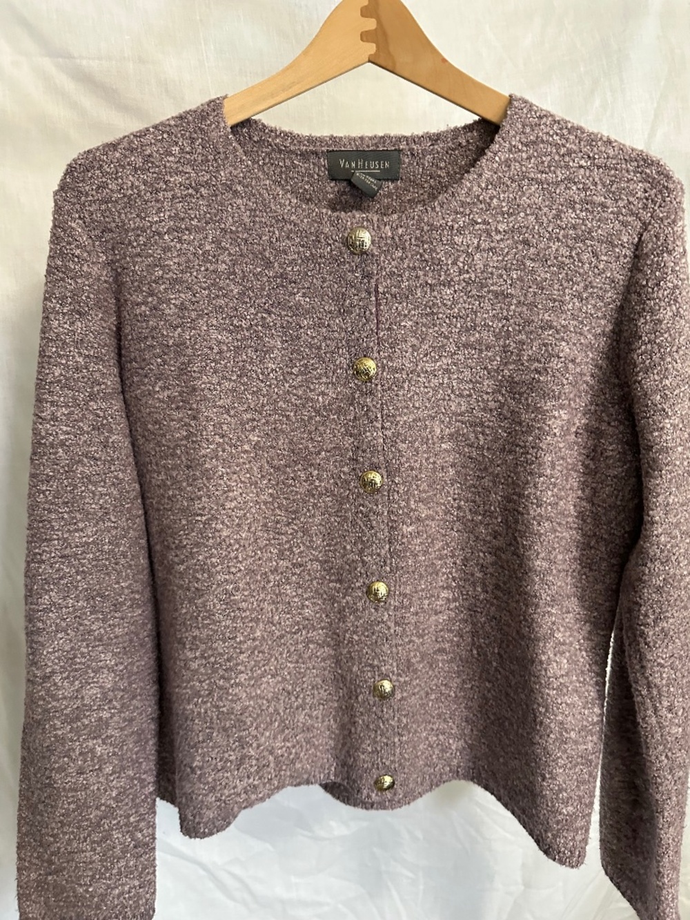 Van Heusen Women’s Bouclé Knit Cardigan Sweater – Mauve Heather – Size Medium